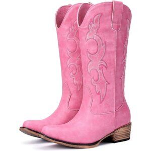 Women Pink Faux Leather Snip Toe Chunky Block Heel Embroidered Western Boot
